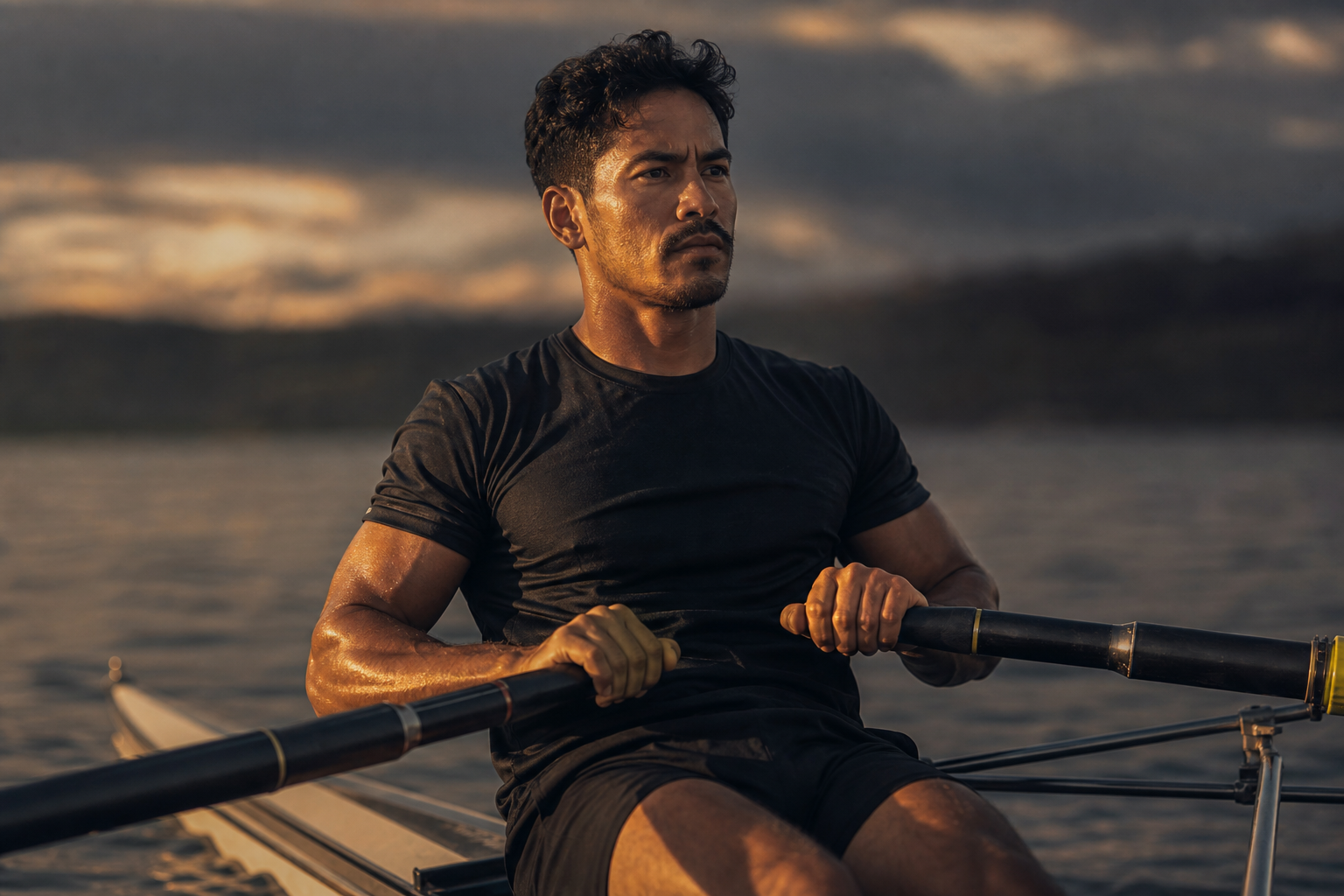 Athletic man rowing with sustained endurance at dusk, stamina and energy